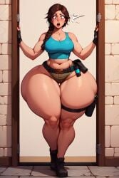 1girls ai_generated ai_hands ass_focus ass_stuck back_view big_ass big_butt big_thighs blue_tank_top bottom_heavy braided_hair brown_hair butt_stuck curvy curvy_female curvy_figure fat_ass female huge_ass huge_butt lara_croft lara_croft_(ai_generated) large_thighs leg_strap massive_ass massive_butt scarebroart solo solo_female stuck tank_top thick_ass thick_thighs tomb_raider voluptuous voluptuous_female wide_hips