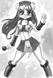 alternate_body_type armlets black_and_white boots bra breastless clothing ear_piercing female furry gloves hair john_joseco karaoke long_hair mammal microphone mina_mongoose mongoose monochrome nipples piercing pussy revealing_clothes see-through sega skimpy skirt solo sonic_(series)