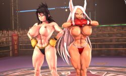 2girls 3d 3d_(artwork) abs arena big_breasts black_hair boxing boxing_gloves boxing_ring breasts dark-skinned_female dark_skin female_focus female_only fighting_ring gloves griffanz huge_breasts large_breasts light-skinned_female light_skin long_hair milf miruko muscular muscular_female my_hero_academia nana_shimura red_boxing_gloves red_gloves rumi_usagiyama topless topless_boxing topless_female usagiyama_rumi white_hair wide_hips yellow_boxing_gloves yellow_gloves