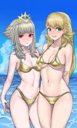 2girls alternate_costume alternate_hairstyle bangs bare_midriff bare_thighs bikini blonde_hair braid breasts cleavage female female_only fire_emblem fire_emblem_heroes gold_bikini gold_swimsuit green_eyes grey_hair long_hair medium_breasts midriff multiple_girls nintendo ocean official_alternate_hairstyle outdoors pocari66 red_eyes sharena_(fire_emblem) short_hair sidelocks small_breasts swimsuit thighs underboob veronica_(fire_emblem) veronica_(princess_rising)_(fire_emblem) yellow_bikini yellow_hair yellow_swimsuit