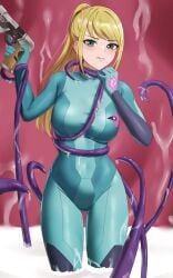 1girls bangs blonde_hair breasts female female_only green_eyes gun imminent_rape large_breasts metroid nintendo ponytail restrained saliva samus_aran skin_tight_suit solo solo_female tentacle tentacle_around_neck tentacle_around_wrist tentacle_choke thrananaart weapon zero_suit_samus