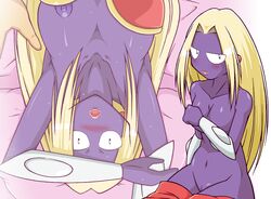 anthro blonde_hair blush breasts covering_breasts female jynx navel nipples no_nose pokemon pokemon_(species) purple_skin pussy solo_focus uranoyoru