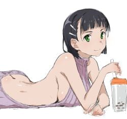ass black_hair breasts butt_crack closed_mouth cup female green_eyes hair_ornament hairclip kirigaya_suguha large_breasts looking_at_viewer lying meme_attire on_stomach puge purple_sweater short_hair sideboob simple_background sketch smile solo sweater sword_art_online turtleneck turtleneck_sweater virgin_killer_sweater white_background