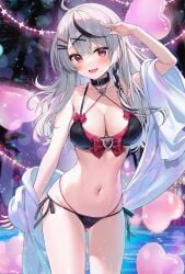 1girls ahoge ass_visible_through_thighs ayamy bikini black_bikini black_collar black_hair blush breasts cleavage collar cute_fang female grey_hair hair_ornament hololive hololive_japan holox large_breasts multicolored_hair navel open_mouth red_eyes sakamata_chloe side-tie_bikini skin_fang smile solo straight_hair swimsuit virtual_youtuber x_hair_ornament