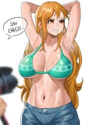 1girls absurdres armpits arms_behind_head arms_up big_breasts bikini bikini_top_only breasts camera celyn404 denim english_text female highres large_breasts long_hair nami_(one_piece) one_piece sweat swimsuit tagme