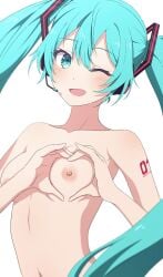 1girls aqua_eyes aqua_hair areolae bare_shoulders blush breasts camui1104 collarbone cute eyelashes female female_only happy hatsune_miku head_grab heart_hands highres light-skinned_female looking_at_viewer medium_breasts na-suke na_suke1104 naked navel nipples nude open_mouth open_smile shoulder_tattoo slender small_breasts smile solo standing twintails vocaloid white_background wink winking_at_viewer