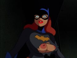 1girls barbara_gordon batgirl batman:_the_animated_series batman_(series) breasts dc_comics dcau edit female female_only human human_only lipstick mask nipples orange_hair ripped_clothing screenshot_edit solo torn_shirt woot