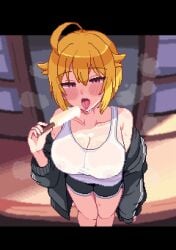 animated big_breasts blonde_hair blush breasts clothing female gif hothot148 looking_at_viewer pixel_art popsicle sweaty tagme