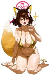 1girls absurdres allied_hyakkiyako_academy_student alternate_breast_size alternate_costume animal_ears barefoot bikini blue_archive breasts brown_hair cleavage collarbone fangs feipin_zhanshi female fox_ears fox_girl fox_hair_ornament fox_shadow_puppet fox_tail fptts1300 gold_bikini halo highres huge_breasts izuna_(blue_archive) looking_at_viewer looking_at_viwer ninjutsu_research_club_(blue_archive) open_mouth partially_clothed red_halo signature simple_background smile solo sweat swimsuit tail thighs toes white_background yellow_eyes