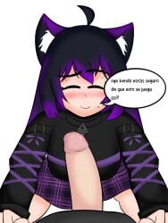 1boy 1girls big_breasts big_penis black_hair blandship blush cat_ears cat_tail catgirl emilio24527514 female fox_humanoid game huge_breasts huge_cock kendomurft kenship latam_virtual_youtuber male neko nekomimi purple_eyes purple_hair question rule_63 skirt sweat text text_bubble thighs twitch two_tone_hair unseen_male_face virtual_youtuber vtuber vtuberfanart