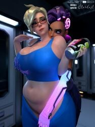 2girls 3d belly big_breasts biting_lip biting_neck blonde_hair blue_eyes blush breasts can chubby dark-skinned_female dark_skin elbow_gloves eyebrow_slits eyeshadow female female_only glasses gloves grabbing_breasts groping_breasts groping_from_behind hand_in_underwear justb3d kissing_neck large_breasts leggings leggings_pull looking_at_partner mascara mercy midriff mole mole_on_breast mole_under_eye navel neck_kiss overwatch overwatch_2 pants_pull ponytail purple_eyes purple_eyeshadow purple_hair purple_lipstick pussy sombra sports_bra sportswear yuri