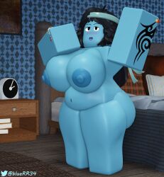 1girls 3d bedroom big_breasts big_nipples black_hair blue_skin bluerr34 chubby completely_nude female headband milf original_character ring roblox robloxian self_upload shiram tagme tattoo text twitter_username yawn