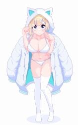 animated bikini blonde_hair blue_eyes blush cat_hoodie clothing female gif hothot148 idolmaster idolmaster_starlit_season leggings looking_at_viewer okuzora_kohaku pixel_art tagme underwear white_background white_bra white_legwear white_panties