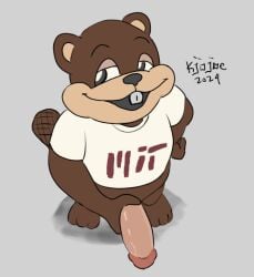 anthro beaver big_penis bottomless brown_body brown_fur buckteeth clothed clothing fur genitals hand_on_hip high-angle_view holding_penis kannojoe looking_away male mammal massachusetts_institute_of_technology open_mouth penis rodent simple_background smile solo tail teeth tim_the_beaver