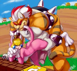 anthro being_watched bell bite blonde_hair blue_eyes blush bowser buxbi cat_peach claws coin collar detailed_background duo feline female from_behind fur goomba grass hair imminent_sex koopa leg_grab looking_back looking_down male mammal mario_(series) meowser muscles nintendo orange_fur paws penetration_through_clothes penis pink_fur precum princess_peach protagonistsub_antagonistdom scalie spiked_bracelet spiked_collar spiked_shell spikes straight stripes super_mario_3d_world tail_biting two_tone_hair video_games yellow_eyes