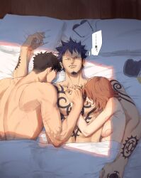 1girls 2boys after_sex auburn_hair bisexual bite_mark bite_marks black_hair brown_hair canon_genderswap chest_tattoo discarded_clothing facial_hair female genderswap_(mtf) goatee hickey hickey_marks holding_hands in_bed interlocked_fingers long_sideburns male mmf_threesome momimimiya morning morning_after muscular_male nude on_bed one_piece penguin_(one_piece) rule_63 scratches shachi_(one_piece) short_hair sideboob sideburns tattoo tattoos thought_bubble threesome trafalgar_law