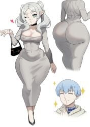 1boy 1girls ass bag big_ass big_breasts big_butt black_choker blood blue_hair bottom_heavy breasts choker cleavage closed_eyes commission covered_navel covered_nipples curvy dongtan_dress dress earrings elf female freshnsfw frieren gray_dress green_eyes grey_dress grey_hair handbag heart high_heels himmel_(sousou_no_frieren) huge_ass jewelry large_ass large_breasts long_hair male mole mole_under_eye nipple_bulge nosebleed one_eye_closed pantylines plump plump_ass pointy_ears purse see-through simple_background smile sousou_no_frieren sparkle thick_ass thick_eyebrows thick_thighs thighs tight tight_clothing tight_dress twintails white_background white_hair wide_hips