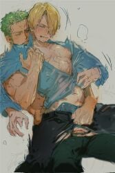 2boys anal anal_sex biting_lip blonde_hair blonde_hair_bottom blush clothed_sex colored_sketch gay green_hair green_hair_top hair_over_one_eye male male_only one_piece open_shirt pre-timeskip roronoa_zoro sitting_on_lap sitting_on_person stomach_bulge sweat torn_clothes uncensored vinsmoke_sanji yaoi ynnn_m