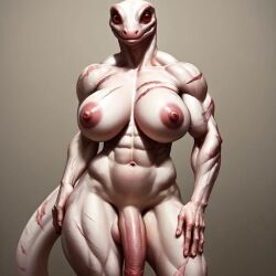 ai_generated albino chioni gecko lizard lizard_girl muscular muscular_female muscular_futanari oc original_character original_characters red_eyes scars white_skin