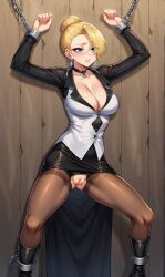 ai_generated big_breasts blonde_hair blue_eyes boots chains choker earrings exposed_pussy king_of_fighters long_dress mature_(kof) pantyhose snk wall worried