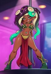 1girls ai_generated breasts cleavage dark-skinned_female female full_body marina_(splatoon) octoling_girl pelvic_curtain pole_dancing slave_leia_(cosplay) solo splatoon_2 spotlight standing strip_club stripper_pole