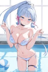 1girls 2024 2d 2d_(artwork) belly_button big_breasts bikini blue_bikini blue_bikini_bottom blue_bikini_top blue_eyes blue_hair blush bra cleavage day female female_focus female_only front_view genshin_impact high_resolution highres hourglass_figure hoyoverse kamisato_ayaka light-skinned_female light_skin long_hair long_ponytail looking_at_viewer mihoyo mole mole_under_eye navel ponytail pool rosumerii smiling smiling_at_viewer solo solo_female solo_focus standing standing_in_water suggestive suggestive_look suggestive_smile sunlight swimsuit thong thong_bikini two_piece_swimsuit water wet wet_body young younger_female