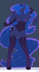 2015 alicorn anthro anthrofied areola arm_behind_head blue_eyes blue_fur blue_hair breasts clothed clothing corset cutie_mark elbow_gloves equine female friendship_is_magic fur gloves hair horn legwear long_hair looking_at_viewer mammal my_little_pony nipples oops_(artist) plain_background princess_luna_(mlp) pussy skimpy solo standing stockings wings