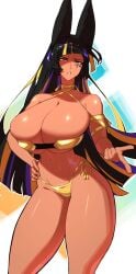 1girls angry animal_ears belly_button bikini black_hair blonde_hair breasts cleavage dark-skinned_female dark_skin displeased egyptian egyptian_female female female_only gold_(metal) gold_bikini hand_on_hip huge_breasts jaci lyuka pointing purple_hair solo swimsuit three_tone_hair yellow_eyes