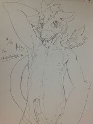 1boy animal_genitalia anthro armpits chest_tuft equine fur hair horsecock kemono male male_only mammal monochrome nipples nude penis pose sirotae_konnta sketch solo standing tuft young