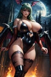 ai_generated bythebrokenone cameltoe capcom curvy curvy_figure darkstalkers demon demon_wings female female_only front_view green_eyes green_hair heart huge_ass huge_breasts huge_hips huge_thighs leotard long_hair looking_at_viewer moon morrigan_aensland night night_sky seductive solo solo_female stable_diffusion standing stockings succubus thick_thighs vampire_savior wide_hips wings