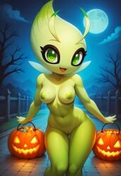 2024 ai_generated anthro anthro_only breasts celebi female furry gobabsnow green_skin halloween medium_breasts night nipples_green pokemon pokemon_(species) pussy sexy solo wings