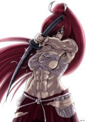 abs erza_scarlet fairy_tail hair_over_one_eye long_hair muscular_female red_hair ripped_clothing souleatersaku90 sword