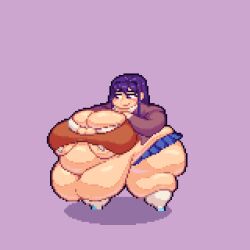 1girls apron_belly bbw belly belly_overhang bellybelting big_thighs breasts doki_doki_literature_club fat_rolls female huge_belly obese obese_female pixel_art ssbbw thighs triple_belly yuri_(doki_doki_literature_club)