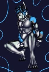 1boy anthro balls bancky canine darachi erection foot_paws full_body husky male male_only mammal muscles nude paws penis sitting solo spread_legs spreading teasing tongue