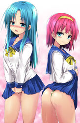 2girls aqua_eyes aqua_hair ass blush collarbone female female_only hairband highres long_hair multiple_girls open_mouth pink_hair pussy_juice school_uniform sen_(astronomy) short_hair skirt skirt_lift skirt_tug