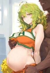 1boy 1girls ai_generated big_breasts boku_no_hero_academia breast_grab cheerleader dark-skinned_male dark_skin green_eyes green_hair huge_breasts interracial light-skinned_female light_skin looking_at_viewer massive_breasts medium_hair multicolored_hair muscular_male my_hero_academia nakatori nude nude_male pregnant pregnant_female shounen_jump smiling squatting sweat sweatdrop tooru_hagakure tooru_hagakure_(visible) voluptuous voluptuous_female