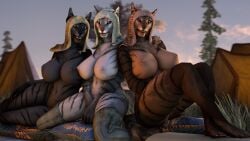 16:9 3d_(artwork) anthro digital_media_(artwork) felid female group hi_res khajiit looking_at_viewer mammal microsoft nofnom nofurynomad nude source_filmmaker_(artwork) the_elder_scrolls trio widescreen