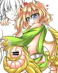 1boy blonde_hair blue_eyes blush breasts censored character_request cute_fang dragon dragon_girl female horns monster_girl mumumu_(tobihizageri) open_mouth side_ponytail sideboob tailjob wings