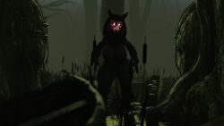 3d anthro big_breasts black_body black_fur black_hair bone breasts canid canine female fur glowing_eyes hair looking_at_viewer mal0 mammal nude red_eyes scp-1471 scp_foundation skull skull_head skulldog solo tail thick_thighs tree wide_hips