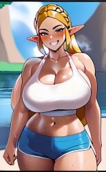 ai_generated big_breasts blonde_hair blue_eyes blush bootylover02 huge_breasts long_hair nintendo princess_zelda seductive_eyes seductive_smile short_shorts sweat sweatdrop tank_top the_legend_of_zelda thick_thighs wide_hips zelda_(breath_of_the_wild)