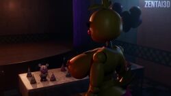 1boy 1girls 3d animated ballon bigger_female chicken chicken_girl female five_nights_at_freddy's five_nights_at_freddy's_2 freddy_fazbear's_pizzeria_simulator helpy male meme party_hat smaller_male sound stage stage_curtains table tagme toy_chica_(fnaf) video zentaisfm