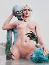 3d bath bathing breasts ciri closed_eyes completely_nude drowner female interspecies light-skinned_female mascara mascara_tears monster nipples nude pussy res_(artist) scar the_witcher_(series) the_witcher_3:_wild_hunt white_hair witcher_medallion witcherres