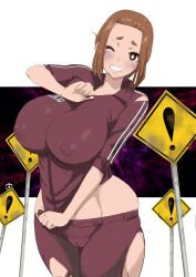 1girls big_breasts blush breasts brown_hair busty curvaceous curvy curvy_body curvy_female curvy_figure female huge_breasts kaii_to_otome_to_kamikakushi large_breasts makoto_daikichi mole mole_under_eye one_eye_closed pants short_eyebrows small_eyebrows sumireko_ogawa thick_thighs thighs torn_clothes torn_pants voluptuous