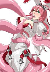 ahoge ambiguous_penetration arc_system_works bhm_(artist) blush breasts bridal_veil covered_penetration dress elphelt_valentine female gloves green_eyes guilty_gear guilty_gear_xrd helpless implied_penetration implied_sex large_breasts open_mouth pink_hair rape restrained ribbon sex_under_clothes sex_under_dress shiny shiny_clothes shiny_skin short_hair spikes sweat tentacle tentacle_under_dress tentacles_under_clothes tongue veil wedding_dress white_dress wince