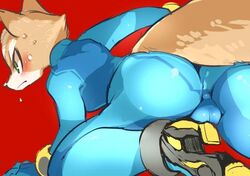 1boshi 1boy 2015 anthro anus ass balls big_butt blush bulge canine clothed clothing crossdressing femboy fox fox_mccloud girly high_heels male male_only mammal nintendo rear_view samus_aran_(cosplay) skimpy solo star_fox suit tight_clothing video_games wide_hips zero_suit