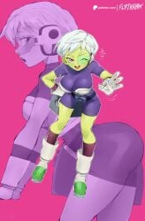 1girls armor ass bodysuit bouncing_breasts breastplate breasts cheelai colored_skin dragon_ball dragon_ball_super dragon_ball_super_broly female flytrapxx full_body gloves green-tinted_eyewear green_skin highres huge_ass looking_at_viewer medium_breasts multiple_views ok_sign open_mouth purple_bodysuit purple_eyes scouter short_hair simple_background skinny smile solo tinted_eyewear white_gloves white_hair wide_hips