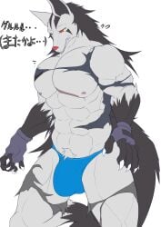 absurd_res after_transformation anthro bulge canid canine clothing fur generation_3_pokemon geryorias gloves grey_body hair handwear hi_res human_to_anthro male mammal mightyena muscular muscular_anthro muscular_male nintendo nipples pokemon pokemon_(species) red_eyes solo species_transformation text torn_clothing transformation underwear yellow_sclera