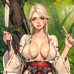 ai_generated breasts ciri female green_eyes light-skinned_female looking_at_viewer nipples remicorner scar solo the_witcher_(series) the_witcher_3:_wild_hunt white_hair