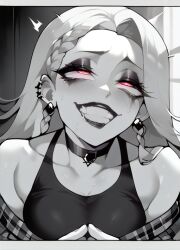 1girls ai_generated big_breasts black_lipstick choker earrings goth goth_girl grin half_ai mascara red_eyes ruined_makeup smile solo solo_focus xcrystallex