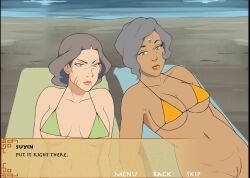 2d 2girls avatar_legends beach big_breasts bikini english_text female female_only four_elements_trainer game_cg human laying_on_back lin_bei_fong mity multiple_girls suyin_bei_fong text the_legend_of_korra